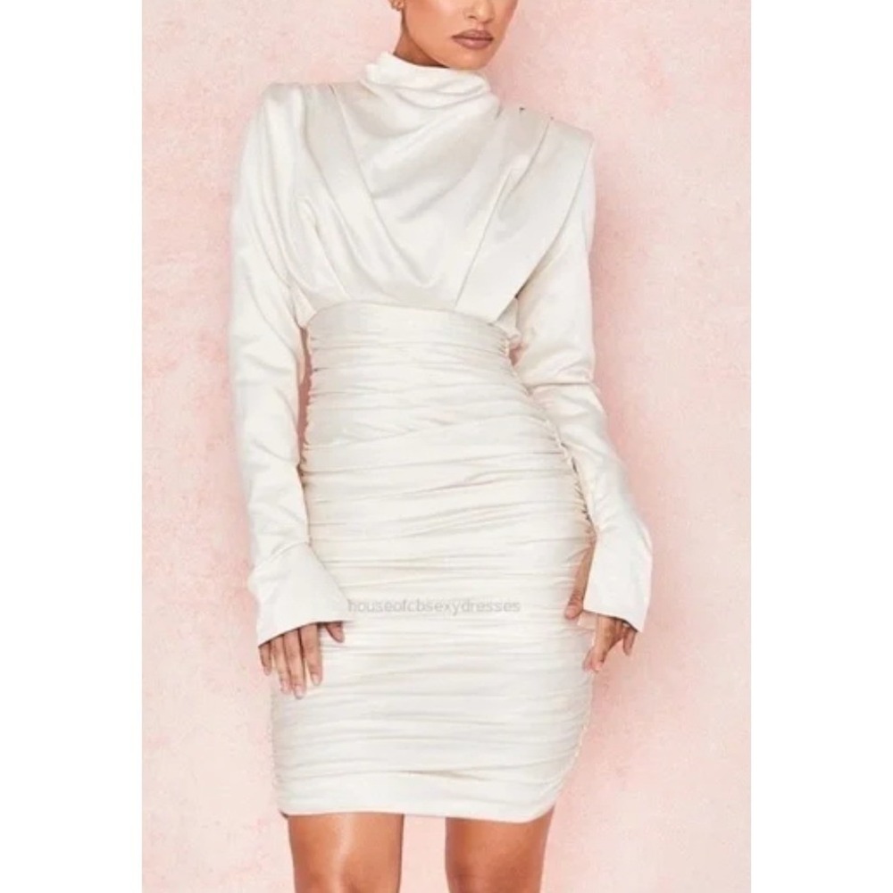 House‎ of CB London Giorgiana White Ruched Satin  Long Sleeve Mini Dress Sz S